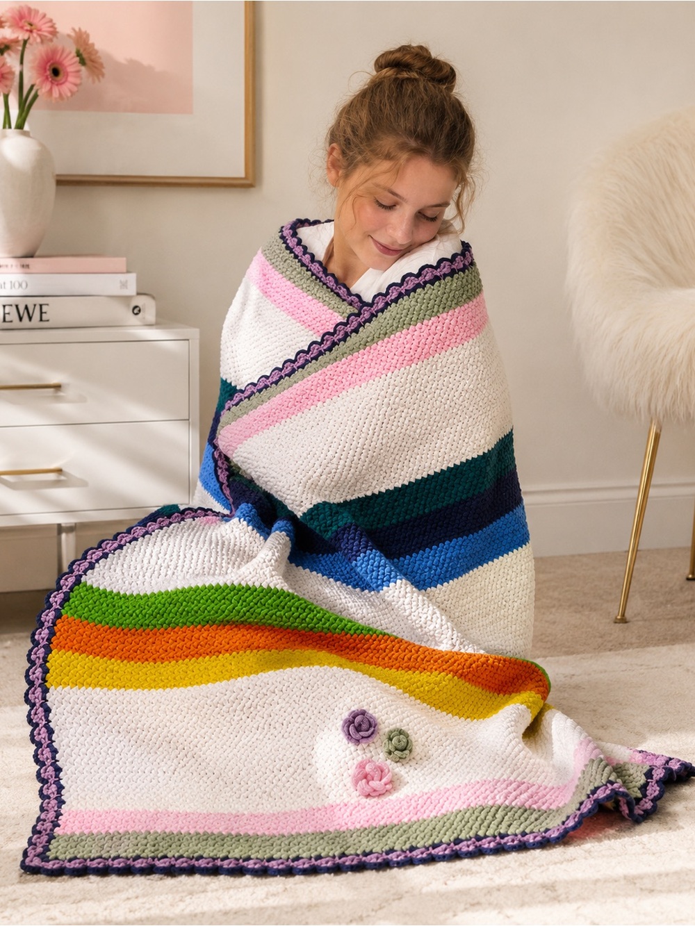 Handmade Crochet Throw Blanket Floral Appliqués Cottagecore PastelAfghan#0715261